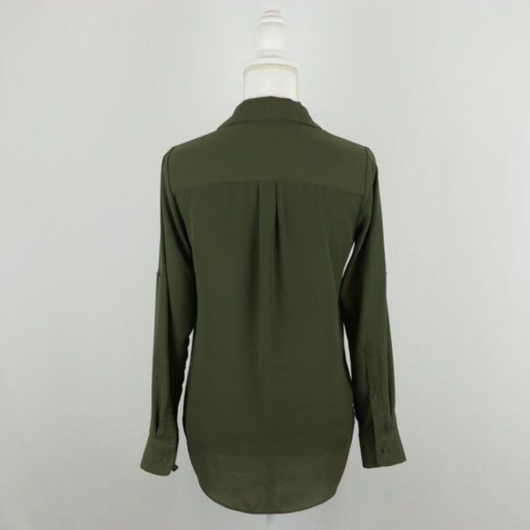 Mossimo Women's Extra Small Green Crepe Roll Tab Long Sleeve Button Up Shirt - Picture 3 of 7